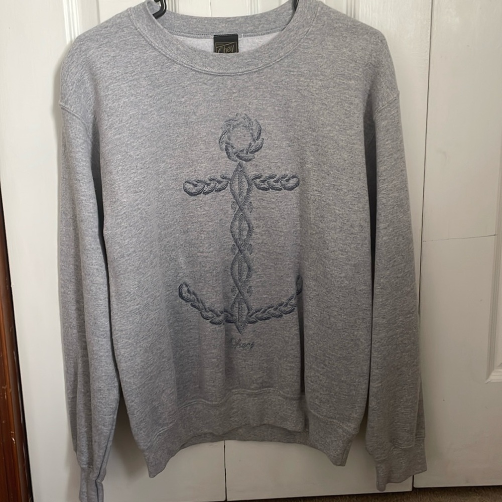 Small vintage gray Obey crewneck with faded blue anchor and logo